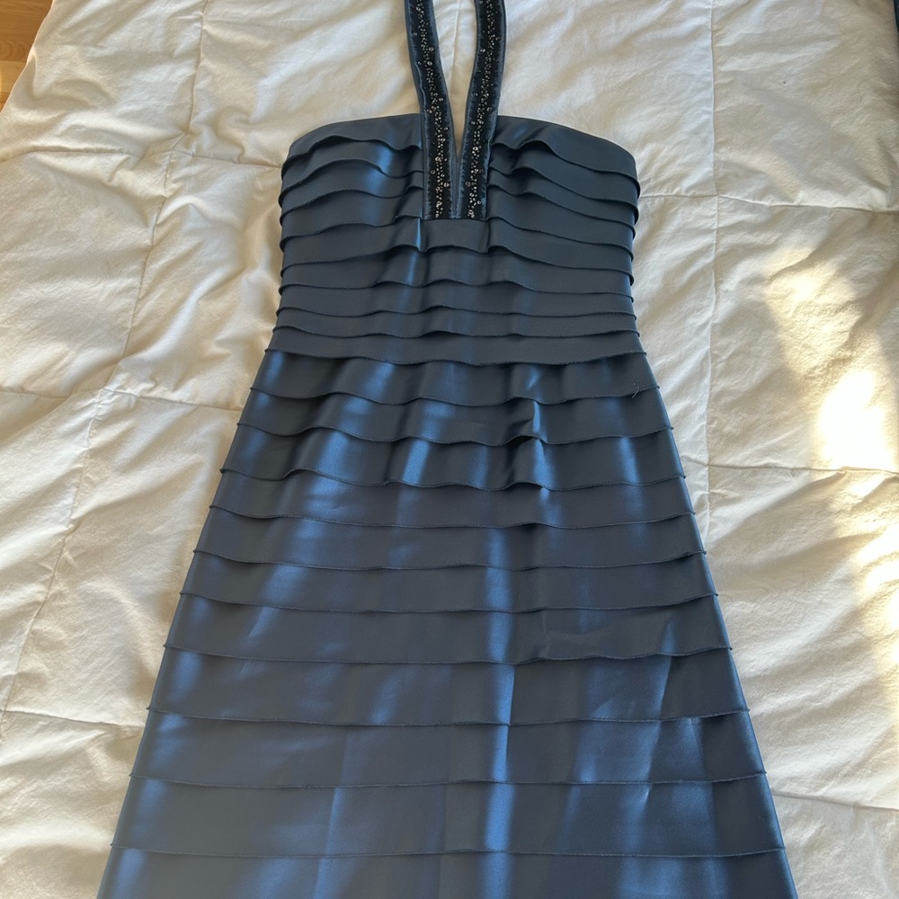 BCBGMaxAzria Blue Pleated Tie Front Halter Sheath Dress